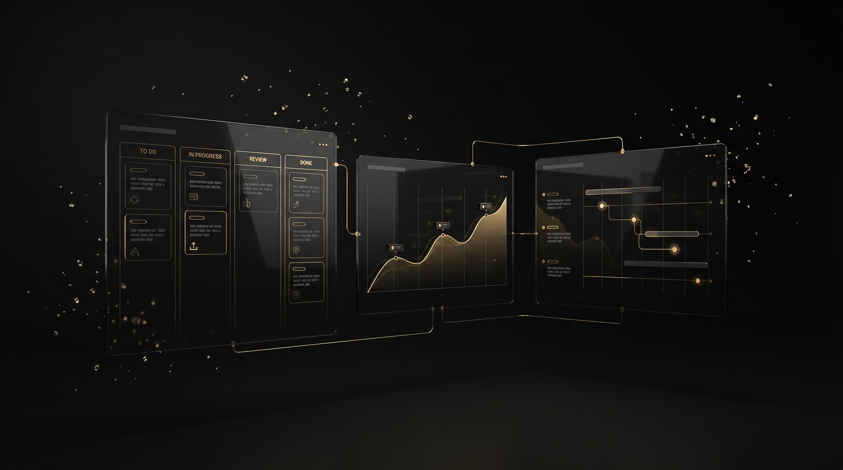 Composite view of the VIBE workspace: pipeline kanban, revenue chart, and contact timeline connected by gold data threads.